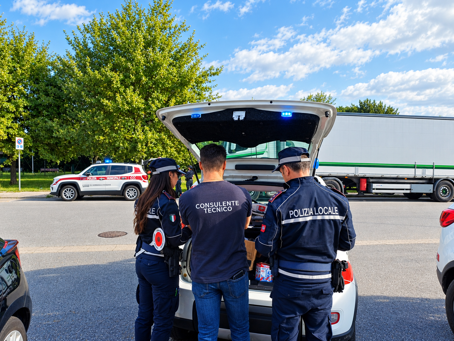“La sicurezza stradale nasce dal controllo.”
Un posto di controllo sui veicoli pesanti: Polizia Locale e personale tecnico insieme per verificare tachigrafi, regolarità dei trasporti e corretto smaltimento dei rifiuti. Un’immagine che racconta il lavoro quotidiano, spesso invisibile, svolto per prevenire irregolarità e rendere le nostre strade più sicure.